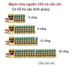 Mạch chia tải nguồn 10 cổng 12V có xạc bình acquy, cầu chì rời CN12V-10C